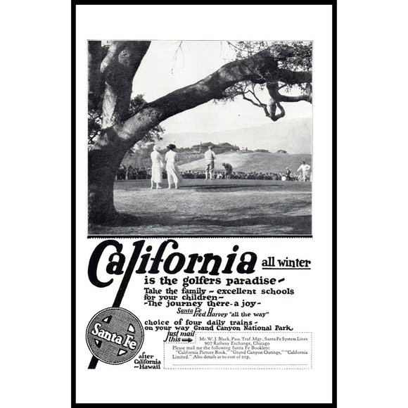 1924 Santa Fe Railroad Line Vintage Print Ad California Golf Course Wall Art - Picture 1 of 1